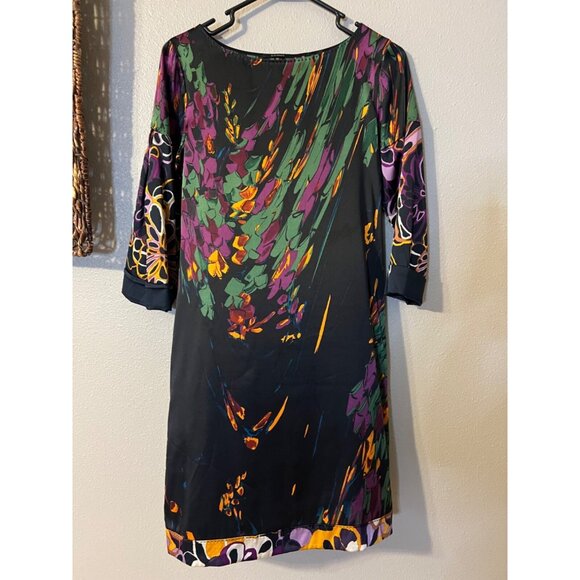Elie Tahari Dress Black Floral XS Extra Small 0 2 4 3/4 Long Sleeve Stretch Silk - Picture 10 of 11